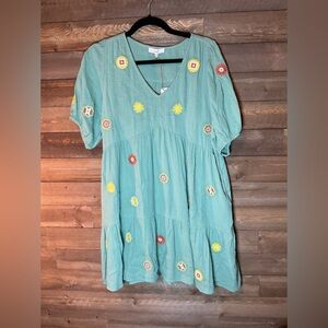 Sage Green Floral Embroidery Short Sleeve V-Neck Gauzy  Dress by Easel Medium